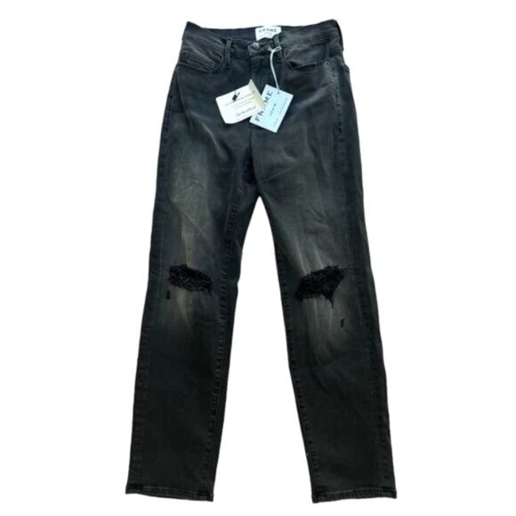 FRAME Le Nouveau Mid Rise Straight Jeans in Distressed Locust